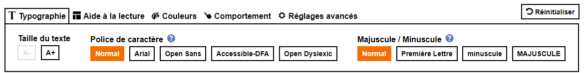 Typography settings tab